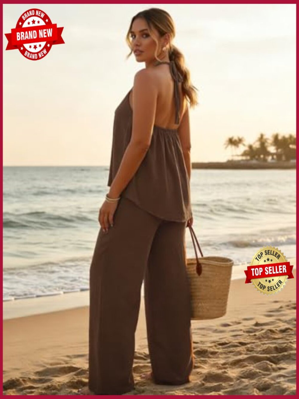 Cowl Neck Halter Top & Wide Leg Pants 2 Piece Set Sleeveless Summer Vacation - Picture 5 of 7